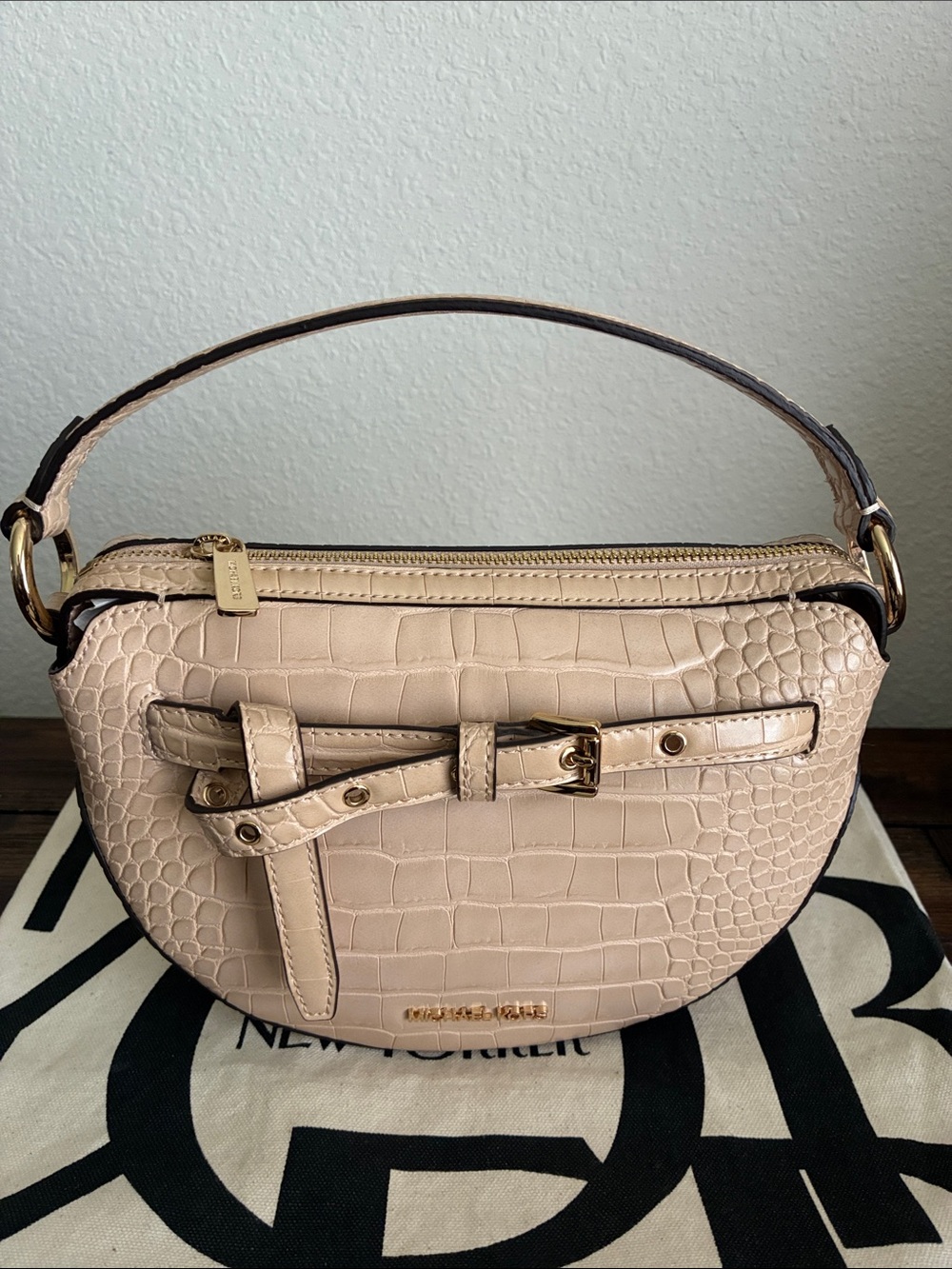 Michael Kors Tan Croc-Embossed Leather Hand Bag with Gold Hardware